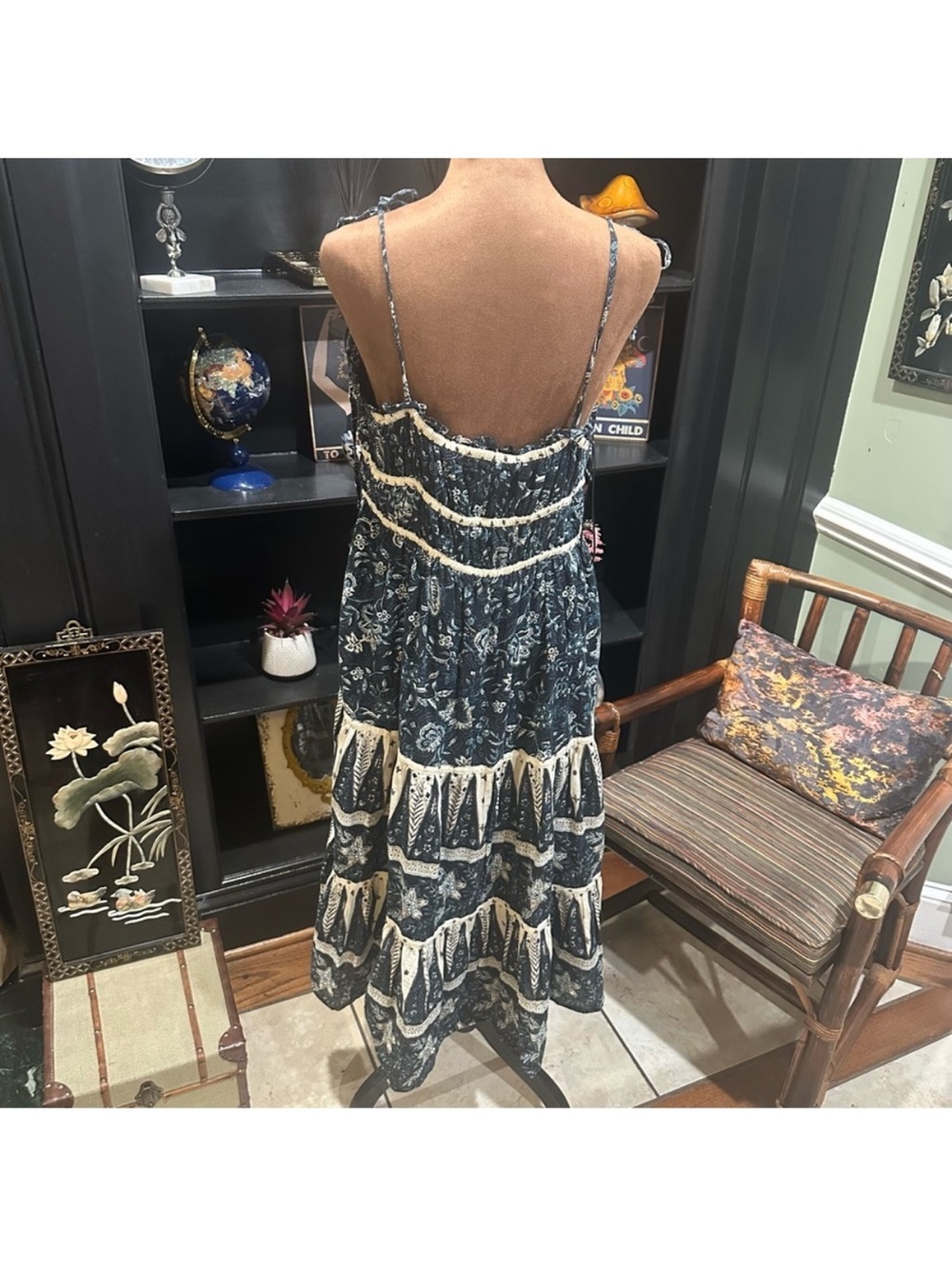 Christian Lacroix Bohemian Navy and Cream Tiered Midi Dress with Tie Details - Picture 9 of 11
